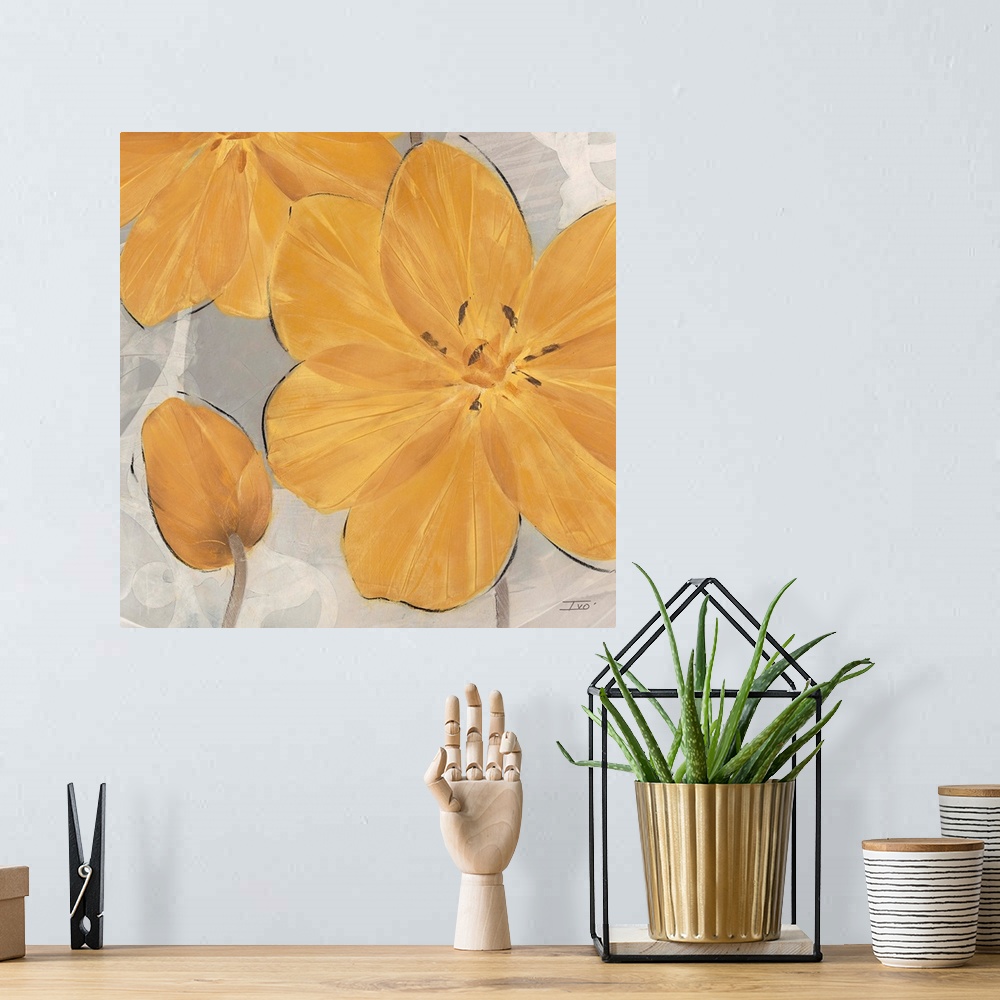 A bohemian room featuring Decorative artwork of a cheerful orange flower on a grey background.