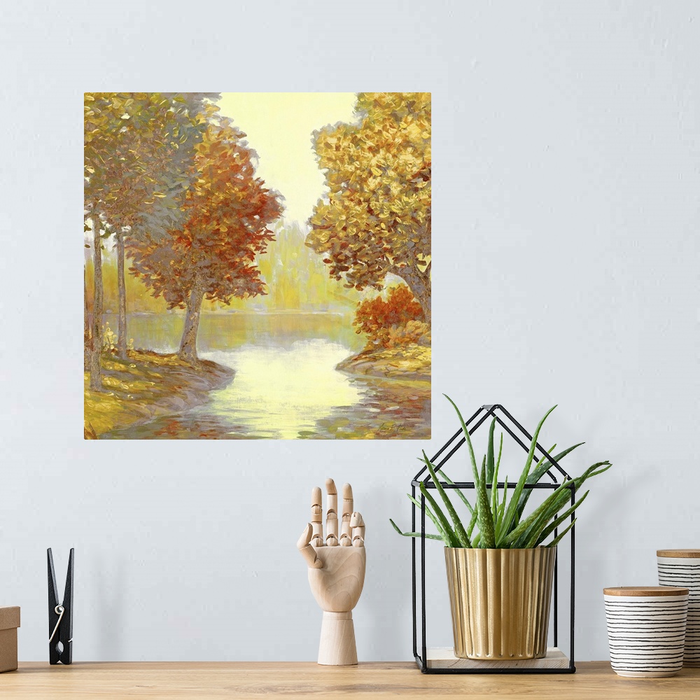 A bohemian room featuring Contemporary painting of trees along the riverside in the fall.