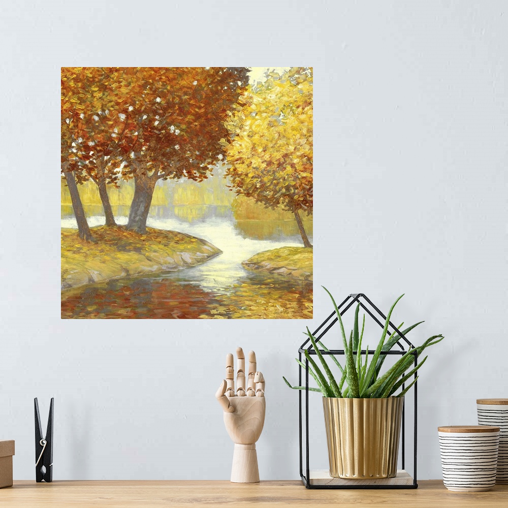 A bohemian room featuring Contemporary painting of trees along the riverside in the fall.