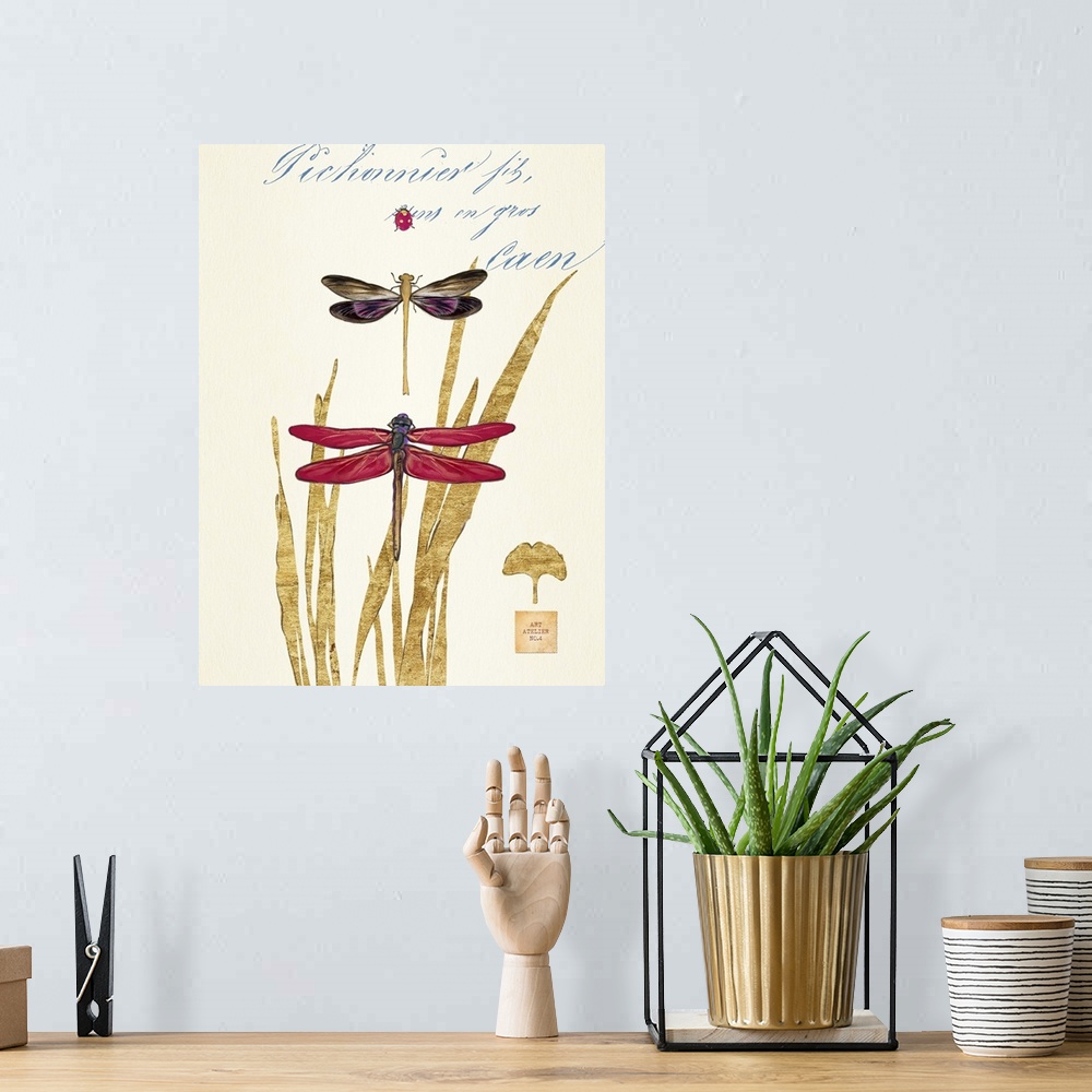 A bohemian room featuring Home decor artwork of a pair of dragonfly's against a neutral background with script and golden b...