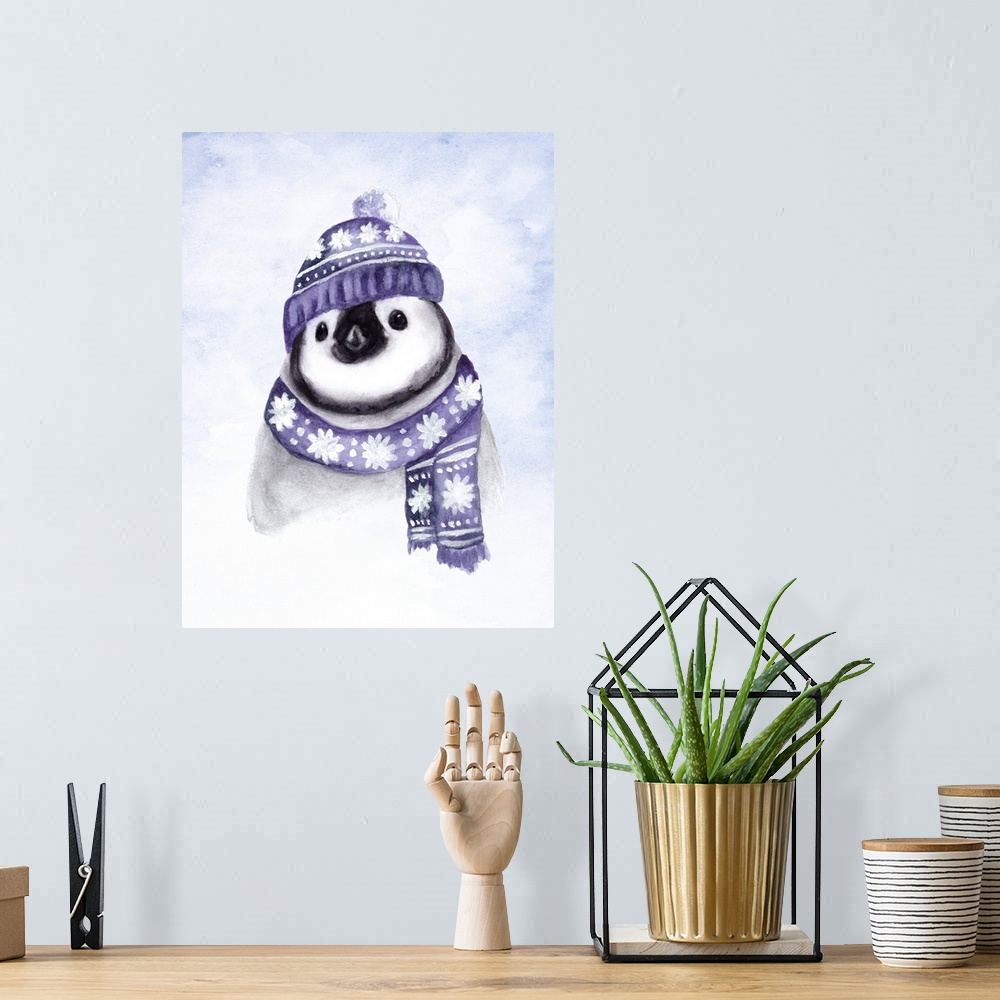 A bohemian room featuring Adorable illustration of a Emperor Penguin chick wearing a purple winter hat and scarf.