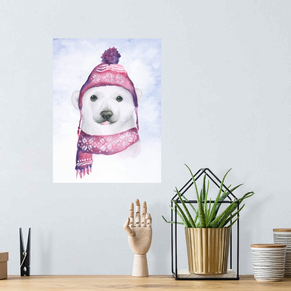 A bohemian room featuring Adorable illustration of a little polar bear wearing a pink winter hat and scarf.