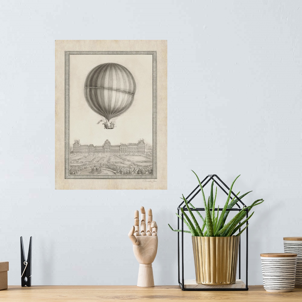 A bohemian room featuring Vintage illustration of a hot air balloon floating above Paris in black, white, and sepia tones.