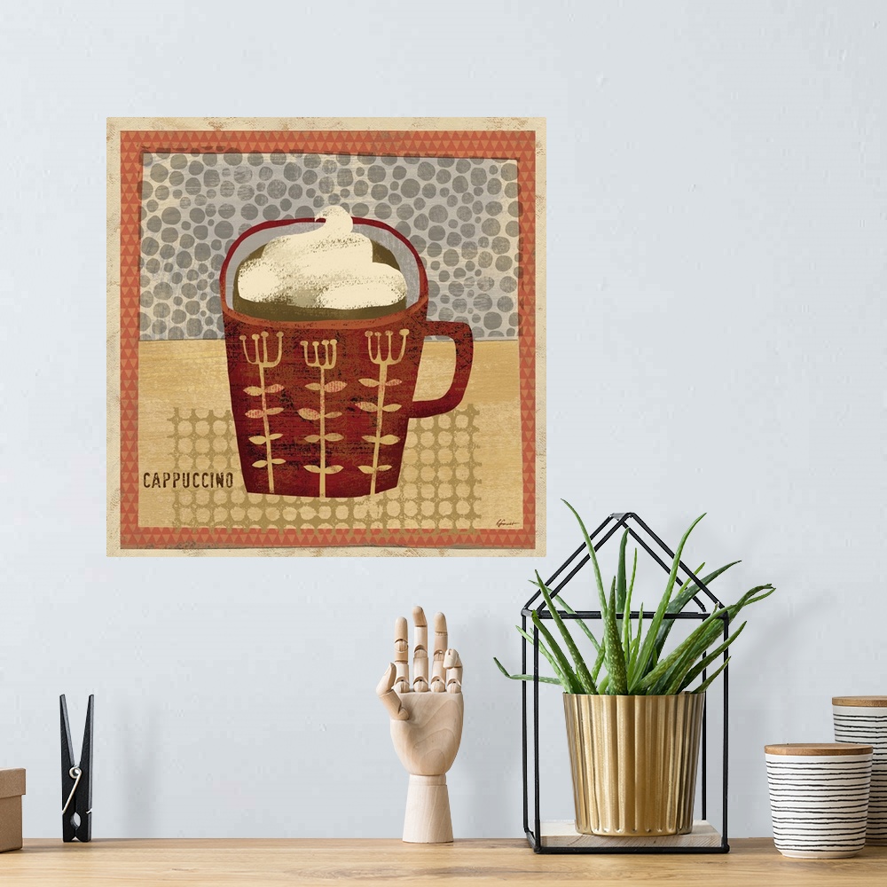 A bohemian room featuring Contemporary artwork with a retro feel of a cup of coffee against a spotted background.