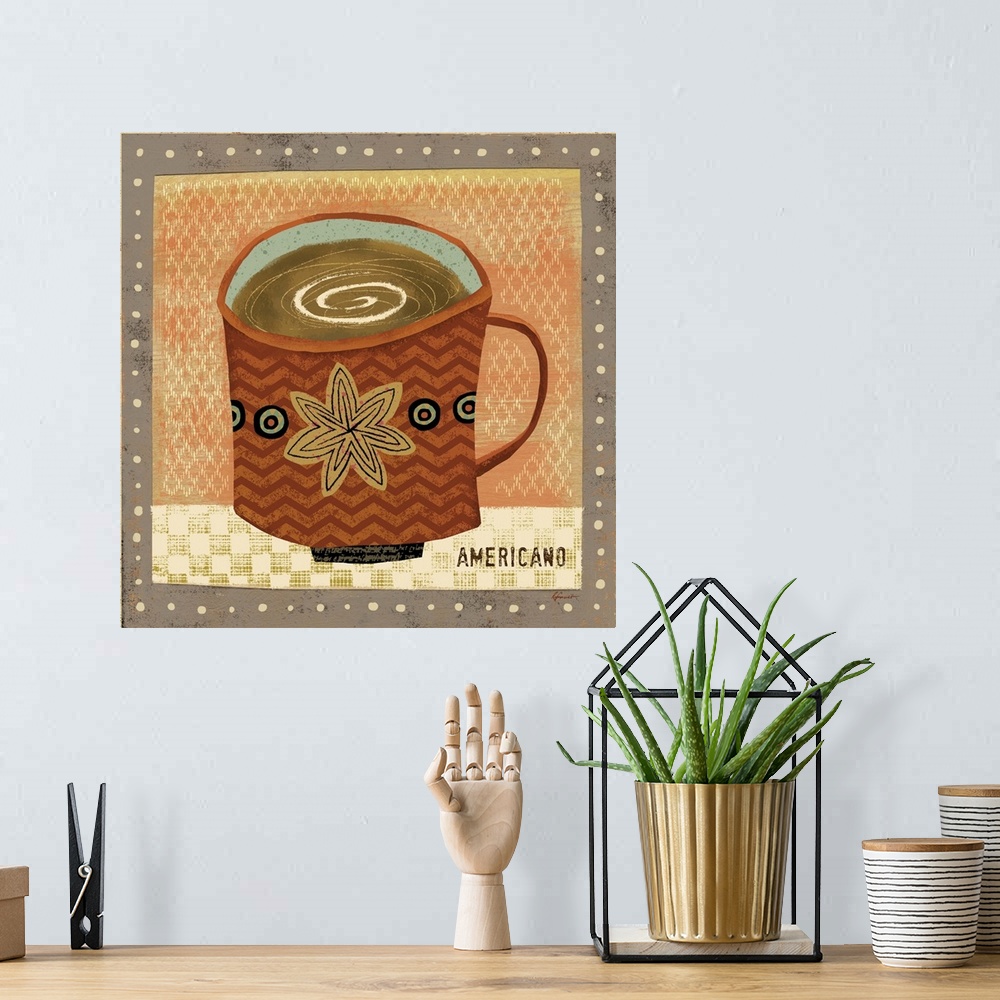 A bohemian room featuring Contemporary artwork with a retro feel of a cup of coffee against an earthy toned background.