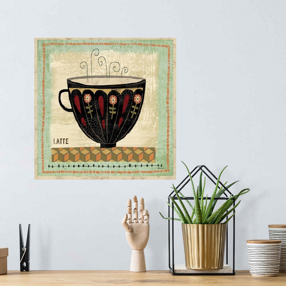 A bohemian room featuring Contemporary artwork with a retro feel of a cup of coffee against a blue and earth toned background.