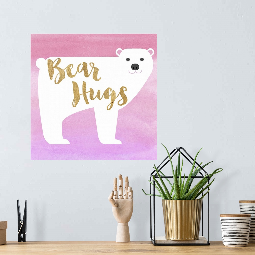 A bohemian room featuring Watercolor illustration of a polar bear with "bear hugs" in gold lettering.