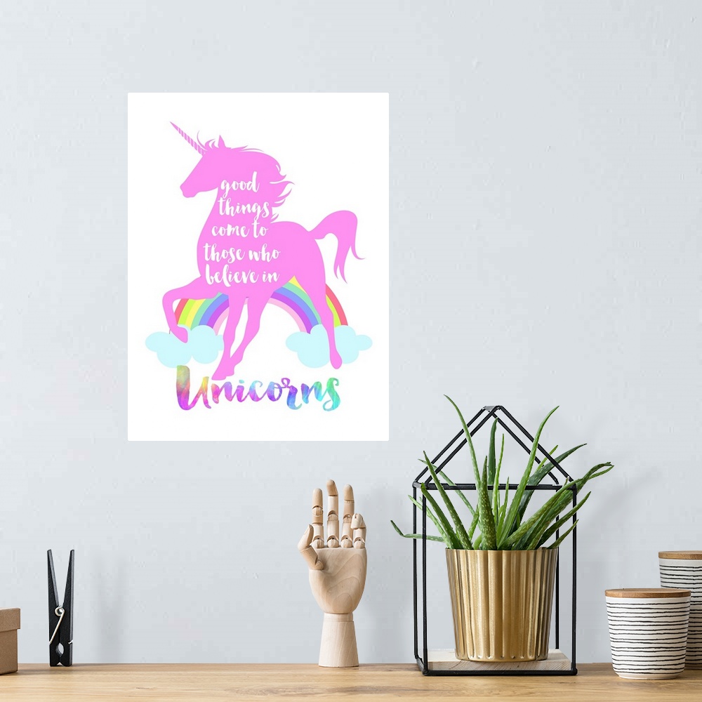 A bohemian room featuring "Good Things Come To Those Who Believe in Unicorns"