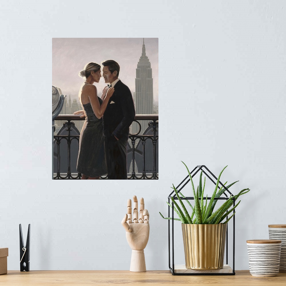 A bohemian room featuring Contemporary painting of a man and woman in fancy dress on a balcony with the Empire State Buildi...