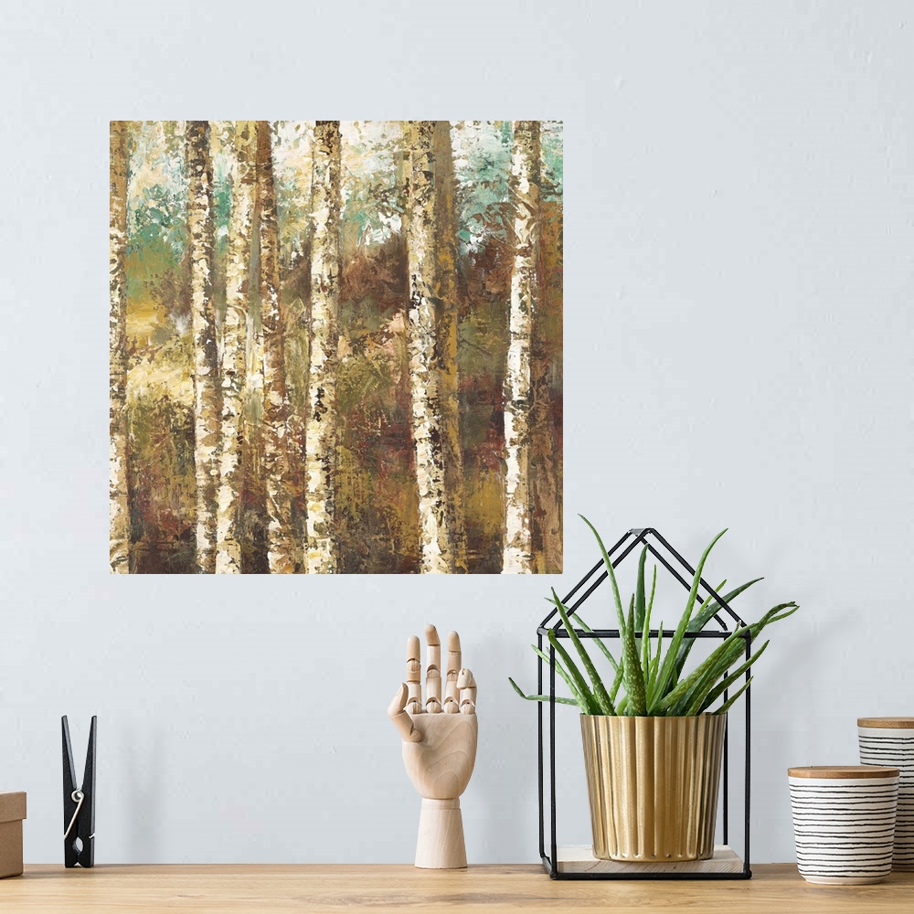 A bohemian room featuring Contemporary painting of a forest of white birch trees.