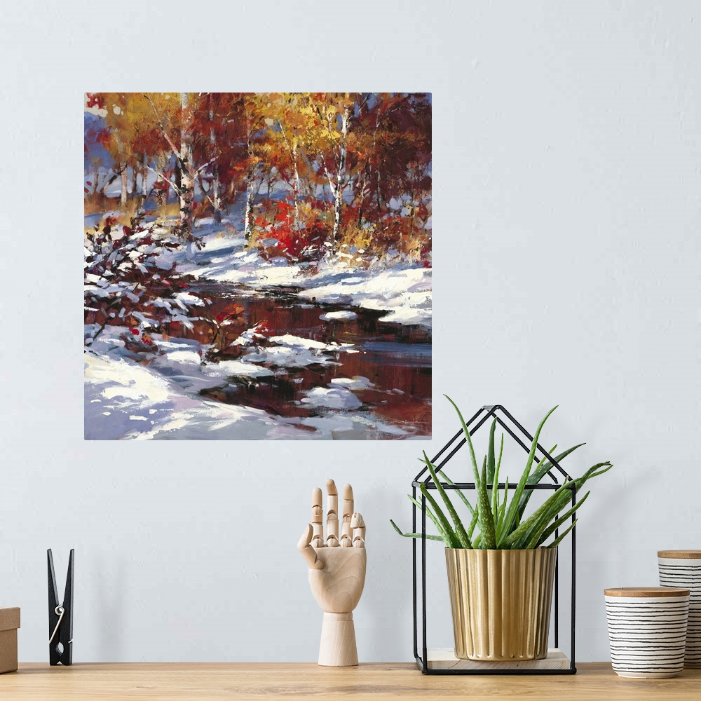 A bohemian room featuring Contemporary painting of a stream running through a forest in winter.