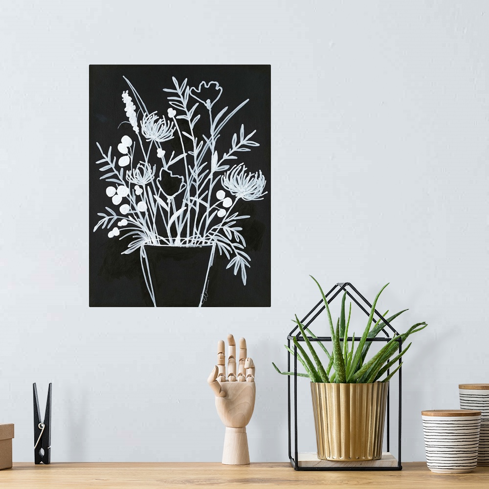 A bohemian room featuring Simple black and white illustration of long-stemmed flowers in a vase.