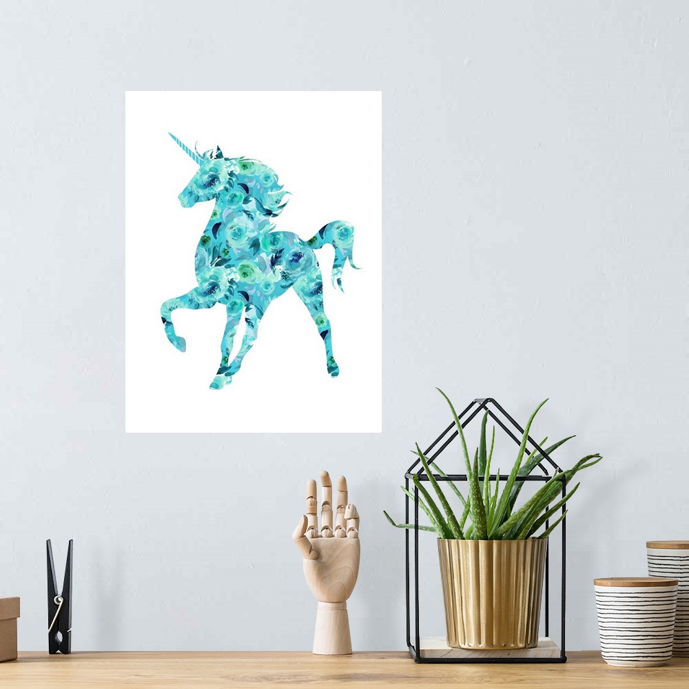 A bohemian room featuring Illustration of a blue and green floral unicorn on a white background.