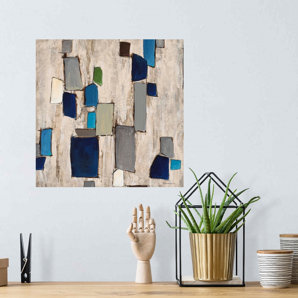 A bohemian room featuring Contemporary abstract home decor art using cool tones and floating geometric shapes.