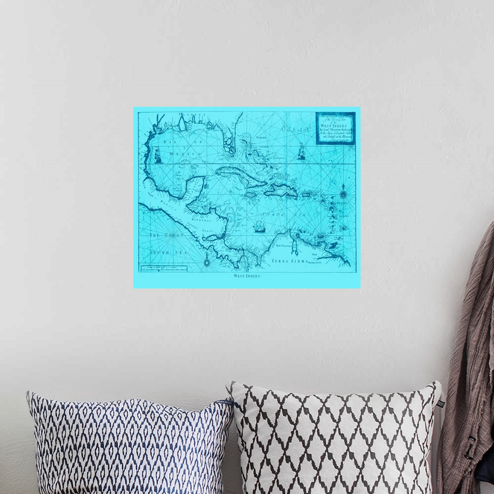 A bohemian room featuring Blue toned map of the West Indies