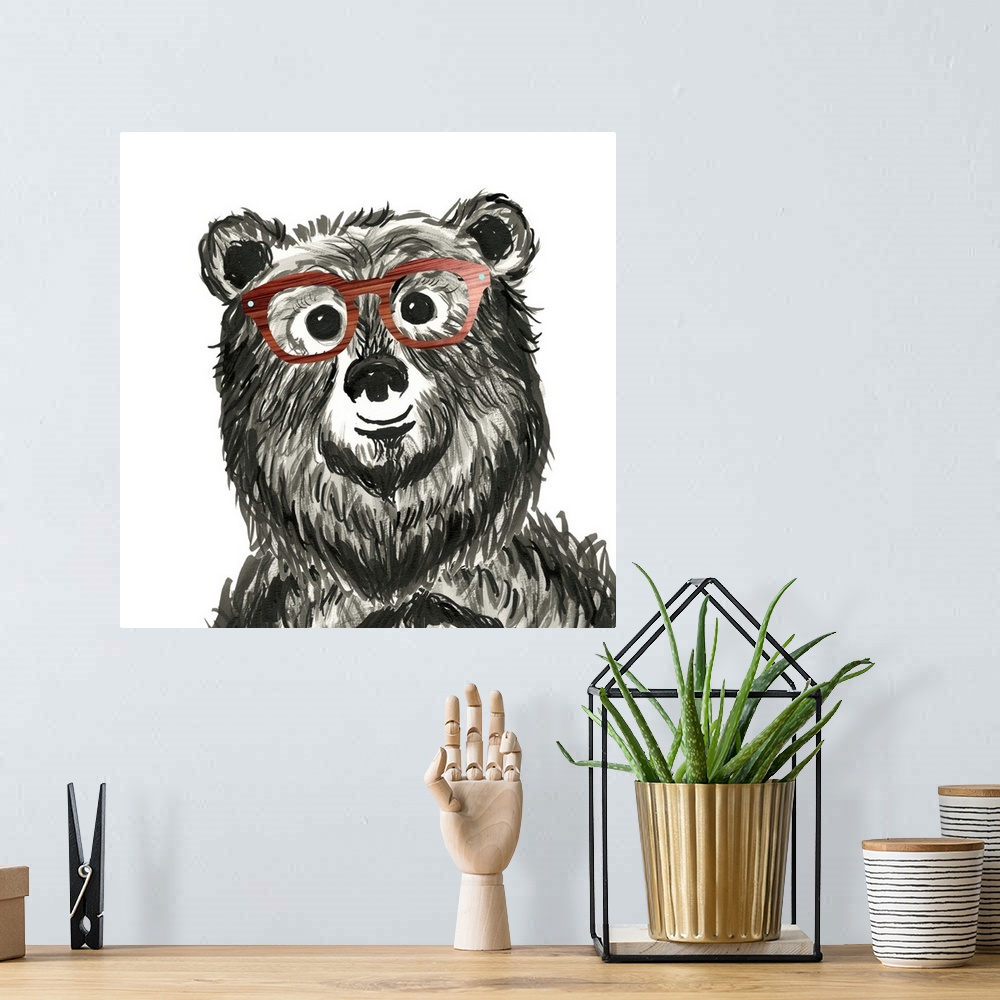 A bohemian room featuring Black and white illustration of a whimsical bear wearing wood grain glasses on a square background.