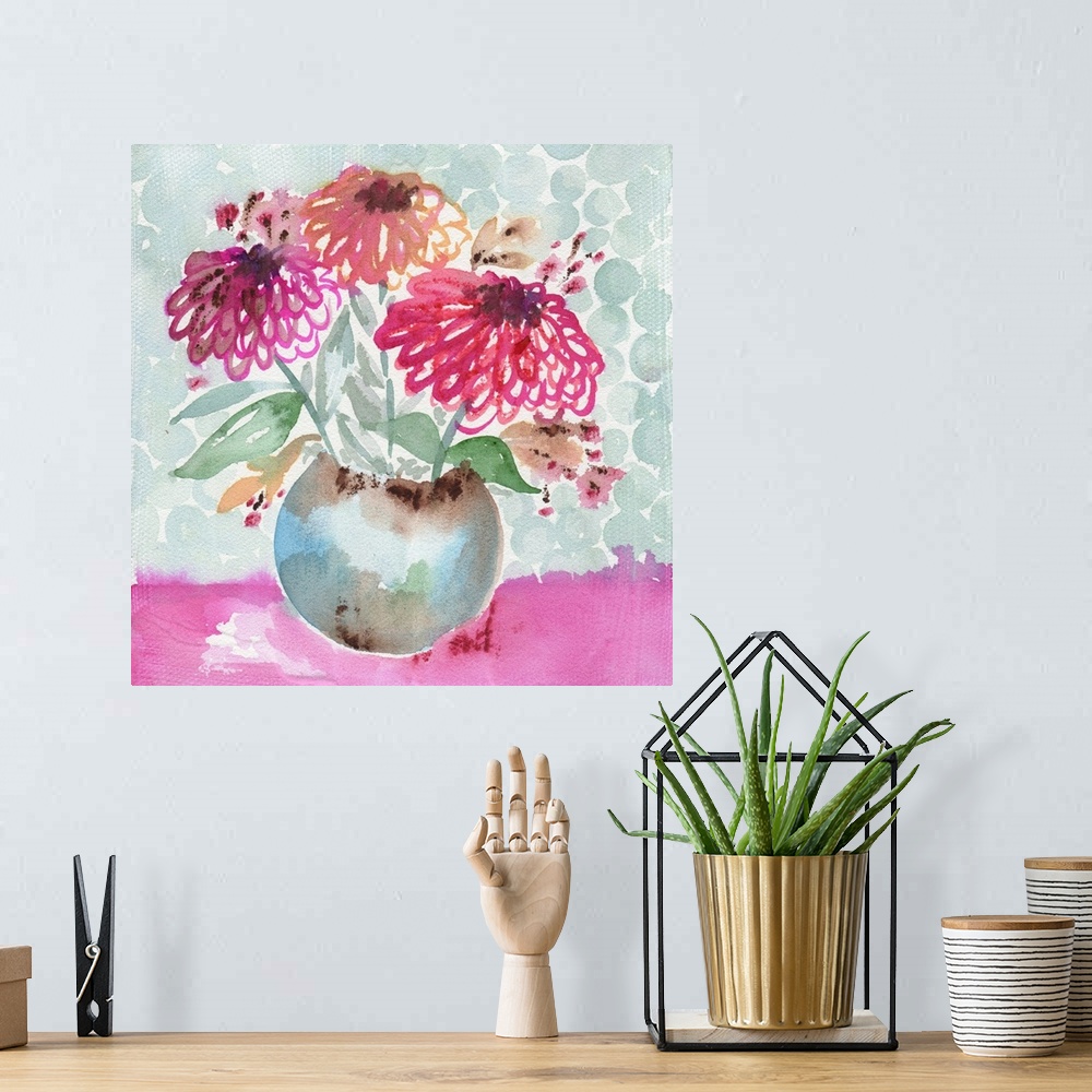 A bohemian room featuring Watercolor art print of a bouquet of pink zinnias in a round vase.