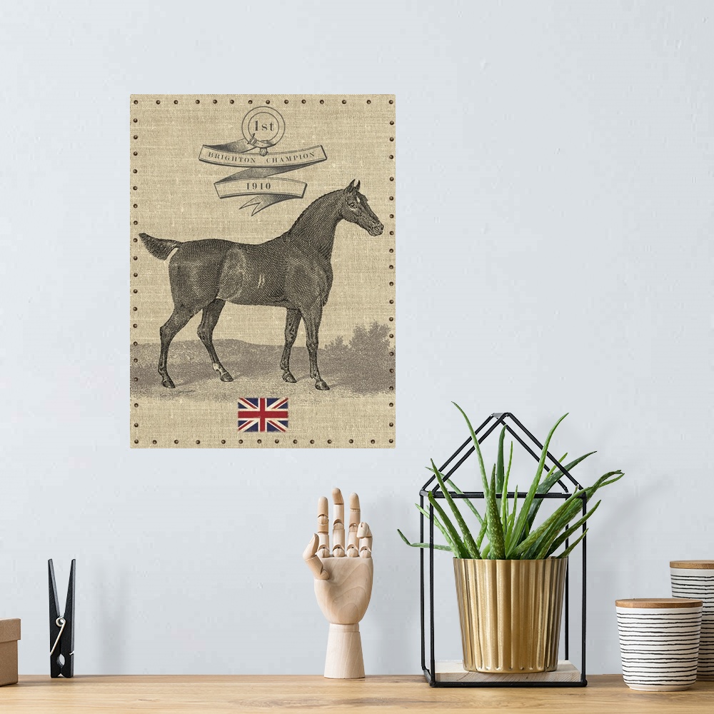 A bohemian room featuring Contemporary equestrian art incorporating the union jack flag.