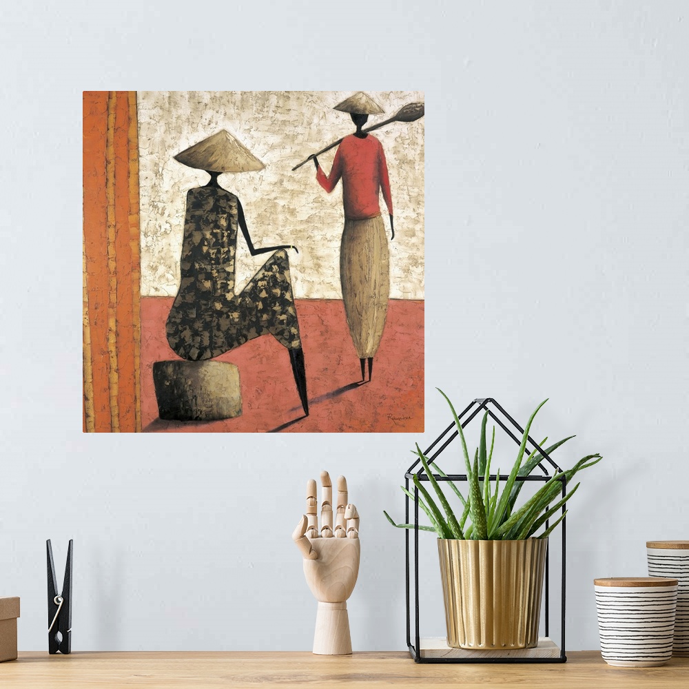 A bohemian room featuring Contemporary painting of a tribal figures greeting each other.