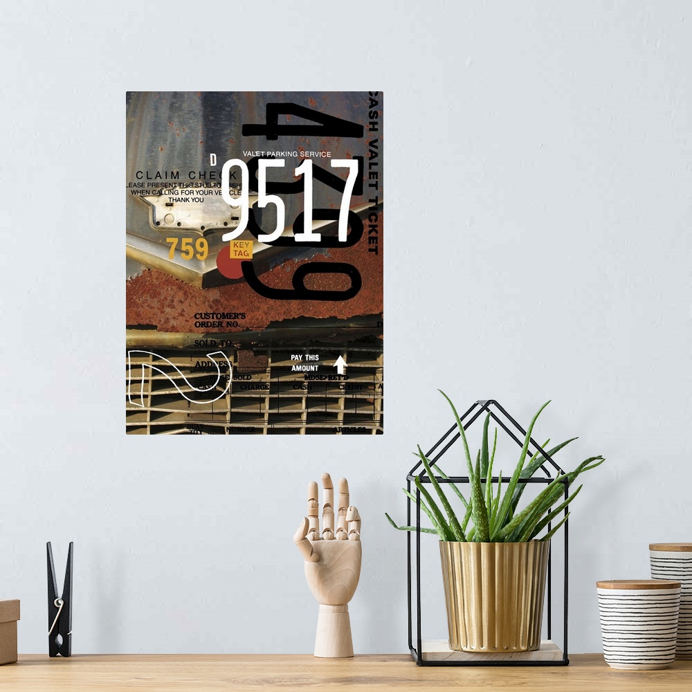 A bohemian room featuring Close up of a rusted vintage car's grill with text elements.