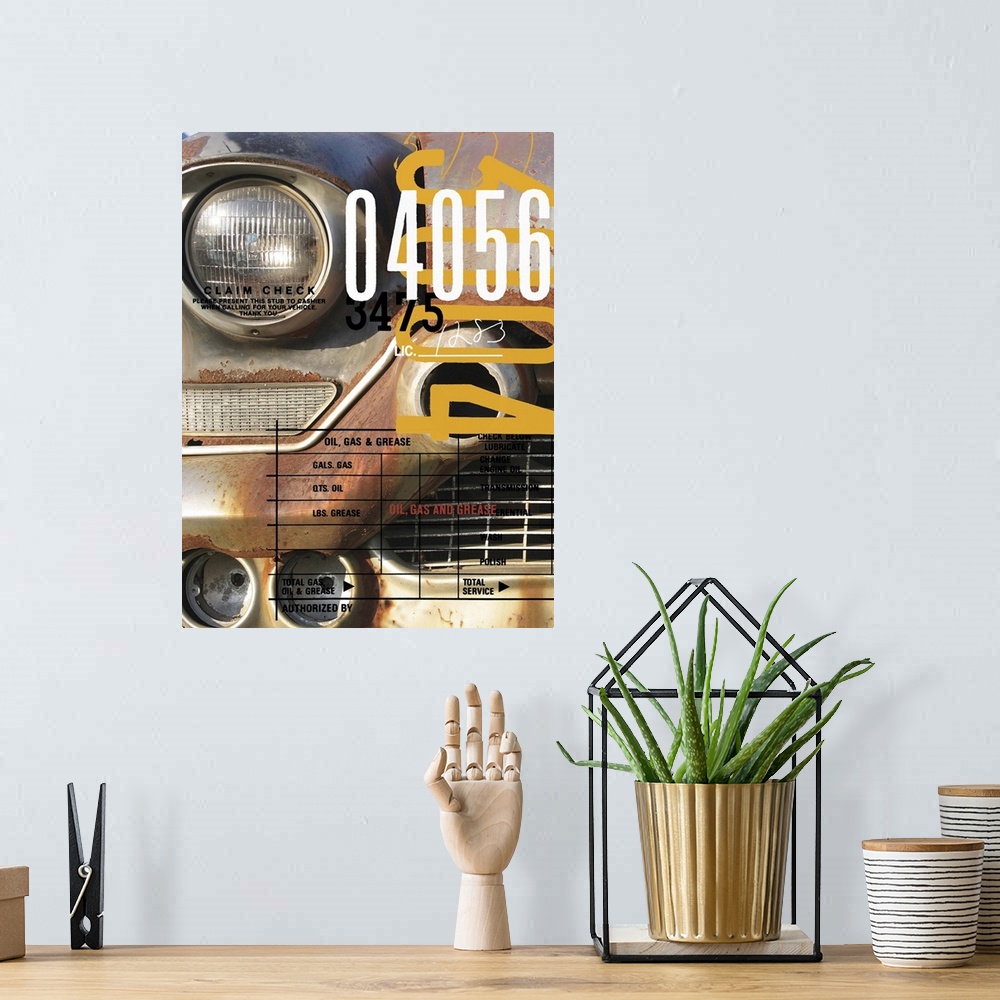 A bohemian room featuring Close up of a rusted vintage car's headlights with text elements.