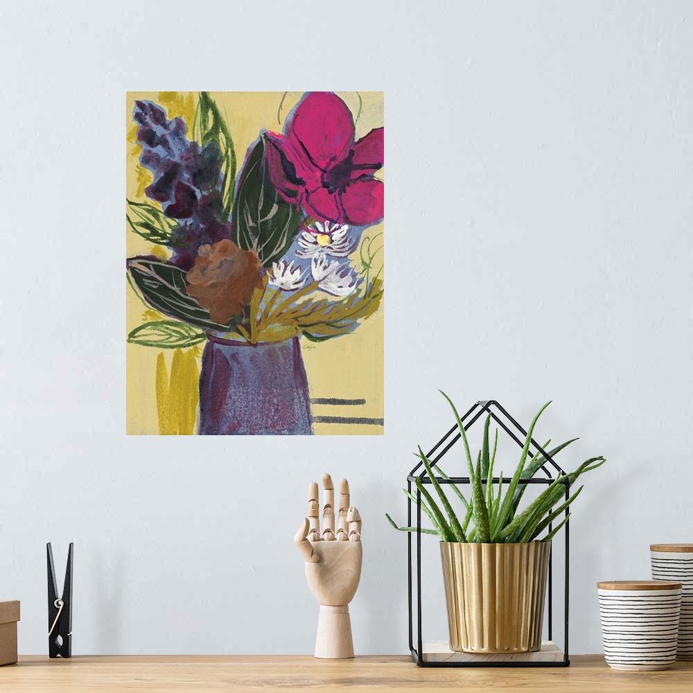 A bohemian room featuring Painting of a bouquet of magenta and purple flowers in a tall mauve vase.