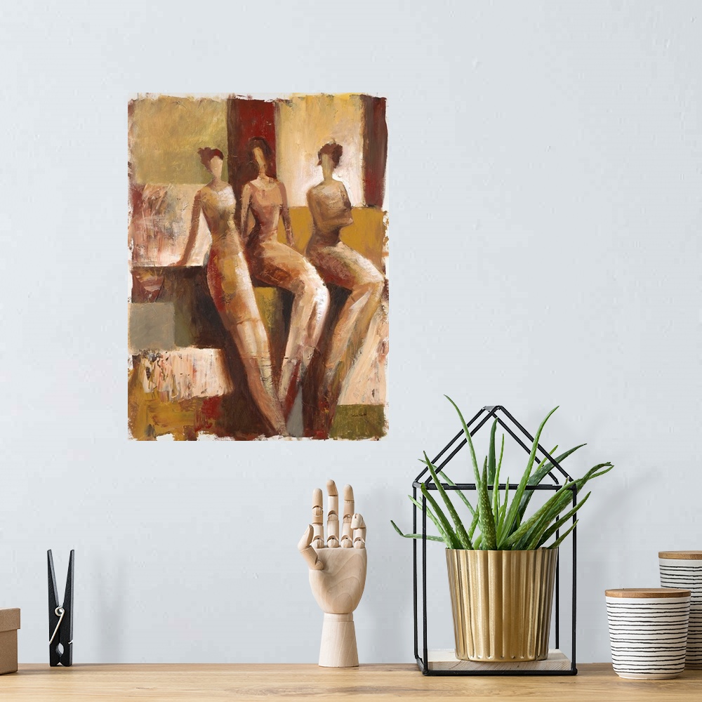 A bohemian room featuring Contemporary painting of three female figures standing against an earth toned geometric background.