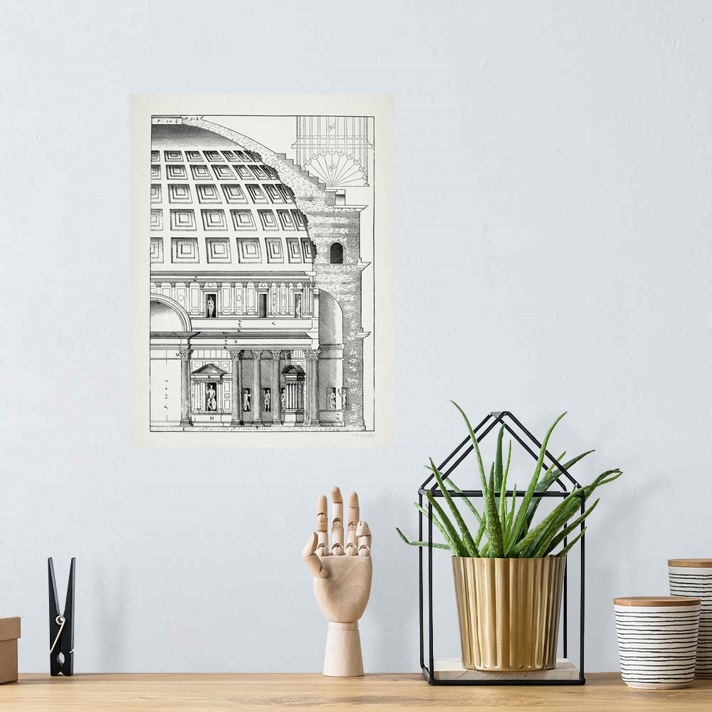 A bohemian room featuring Black and white architectural illustration and blueprint made with precision and fine details.