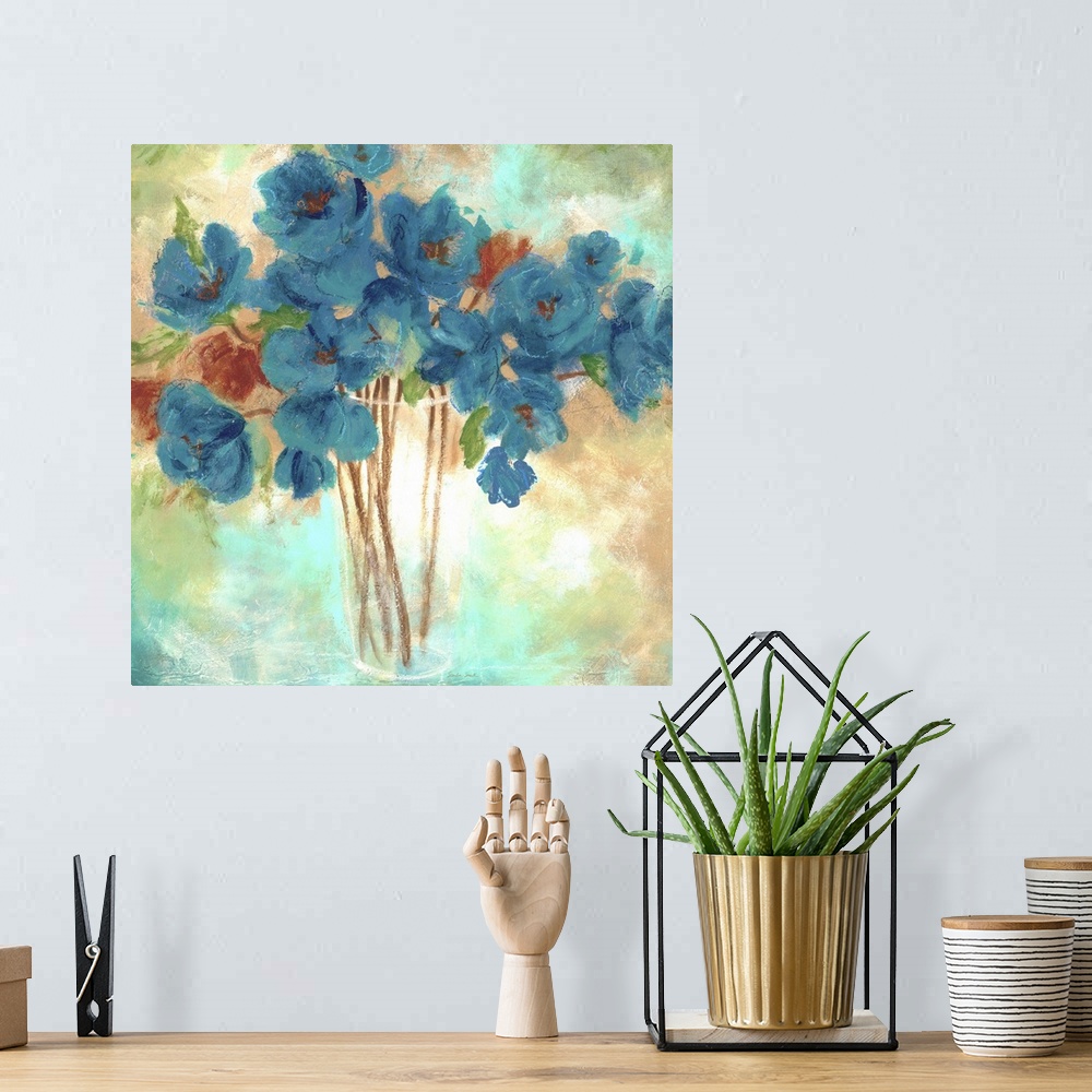 A bohemian room featuring Aqua toned painting of a bouquet of flowers in a glass vase.