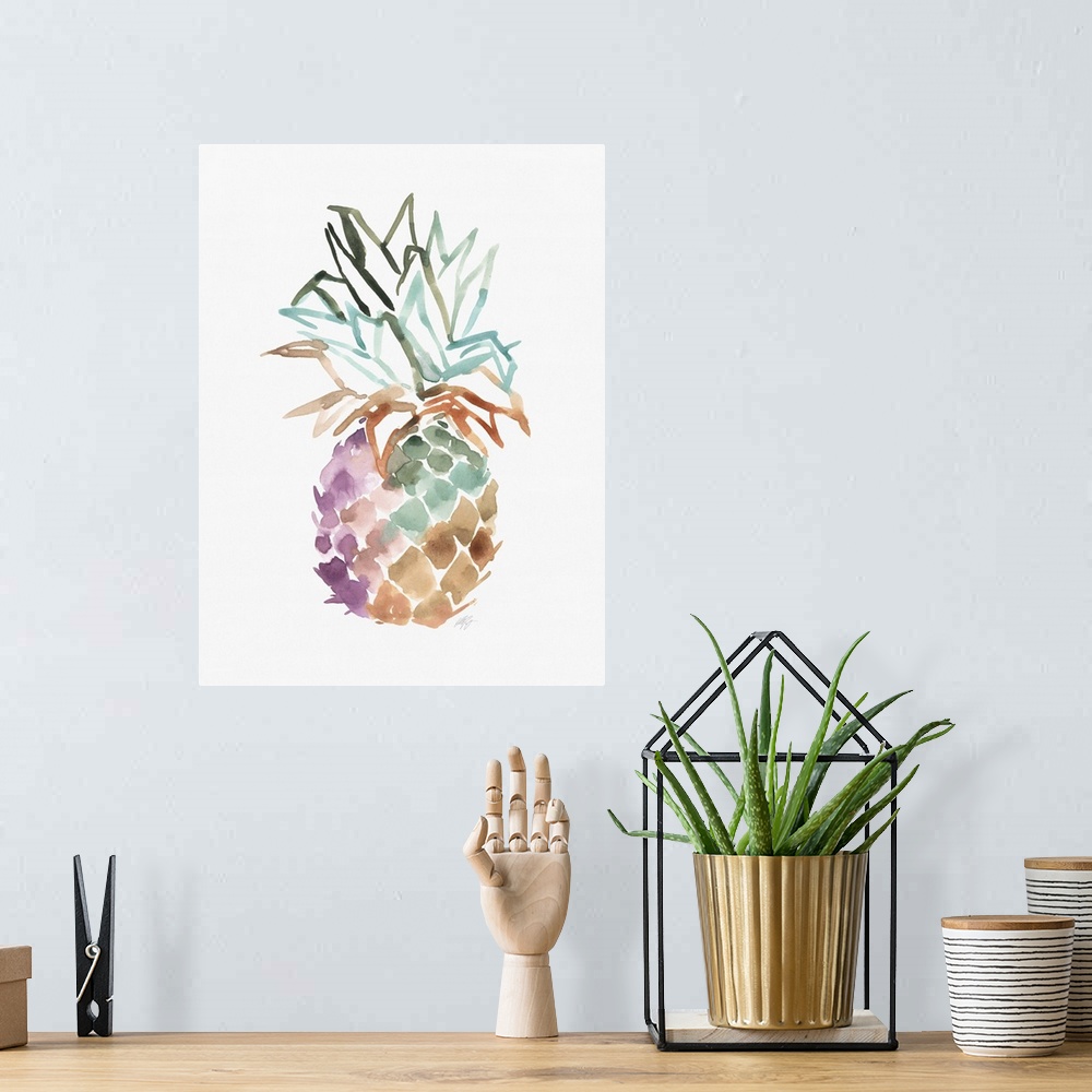 A bohemian room featuring Simple watercolor pineapple illustration on white.