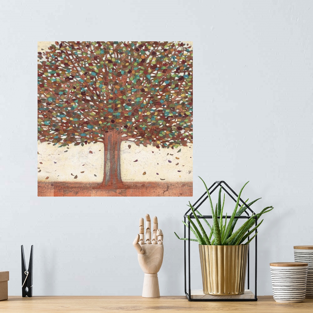 A bohemian room featuring Contemporary home decor artwork of a big tree with bronze colored foliage.