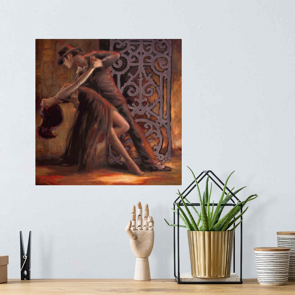 A bohemian room featuring Contemporary painting of a man and woman dancing together.