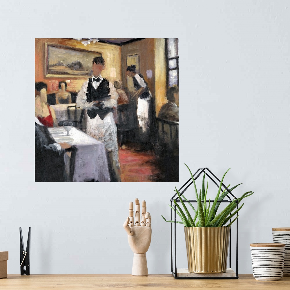 A bohemian room featuring Contemporary painting of couples sitting in an elegant restaurant.