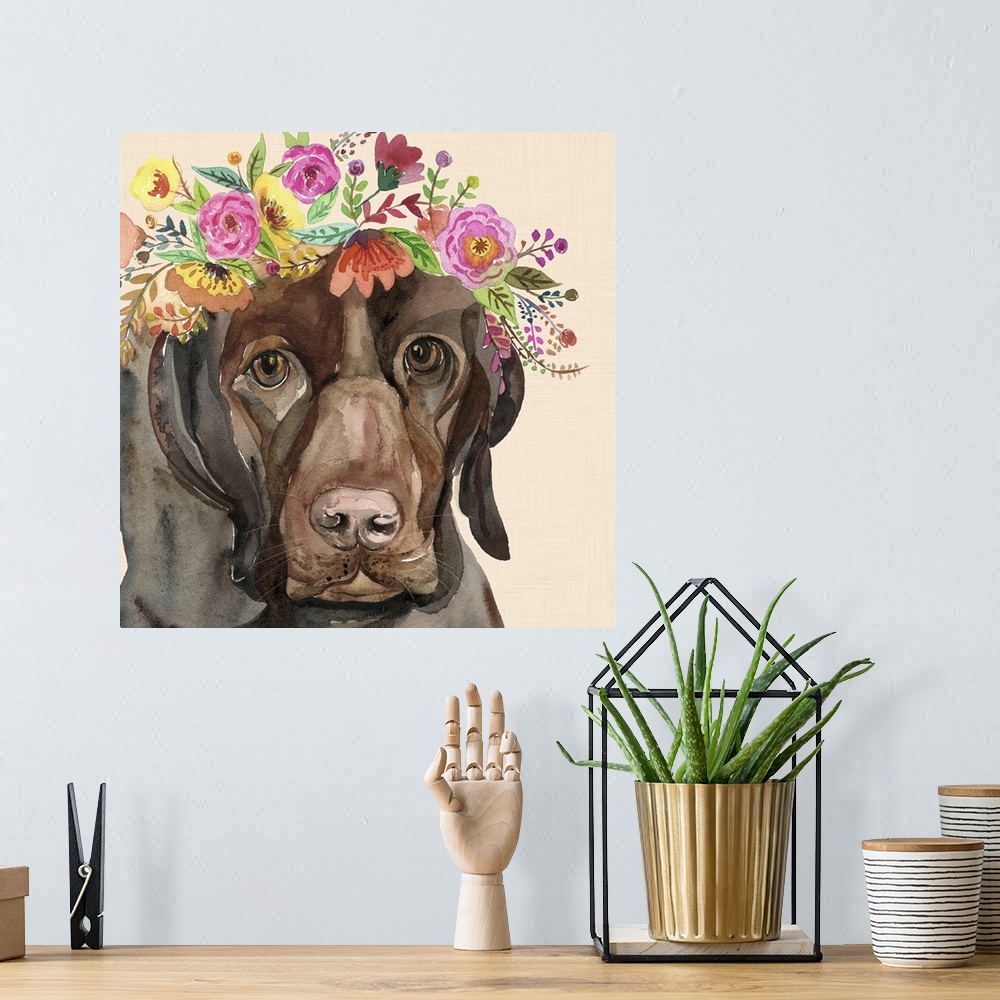 A bohemian room featuring A contemporary painting of a chocolate lab wearing a wreath of colorful flowers.