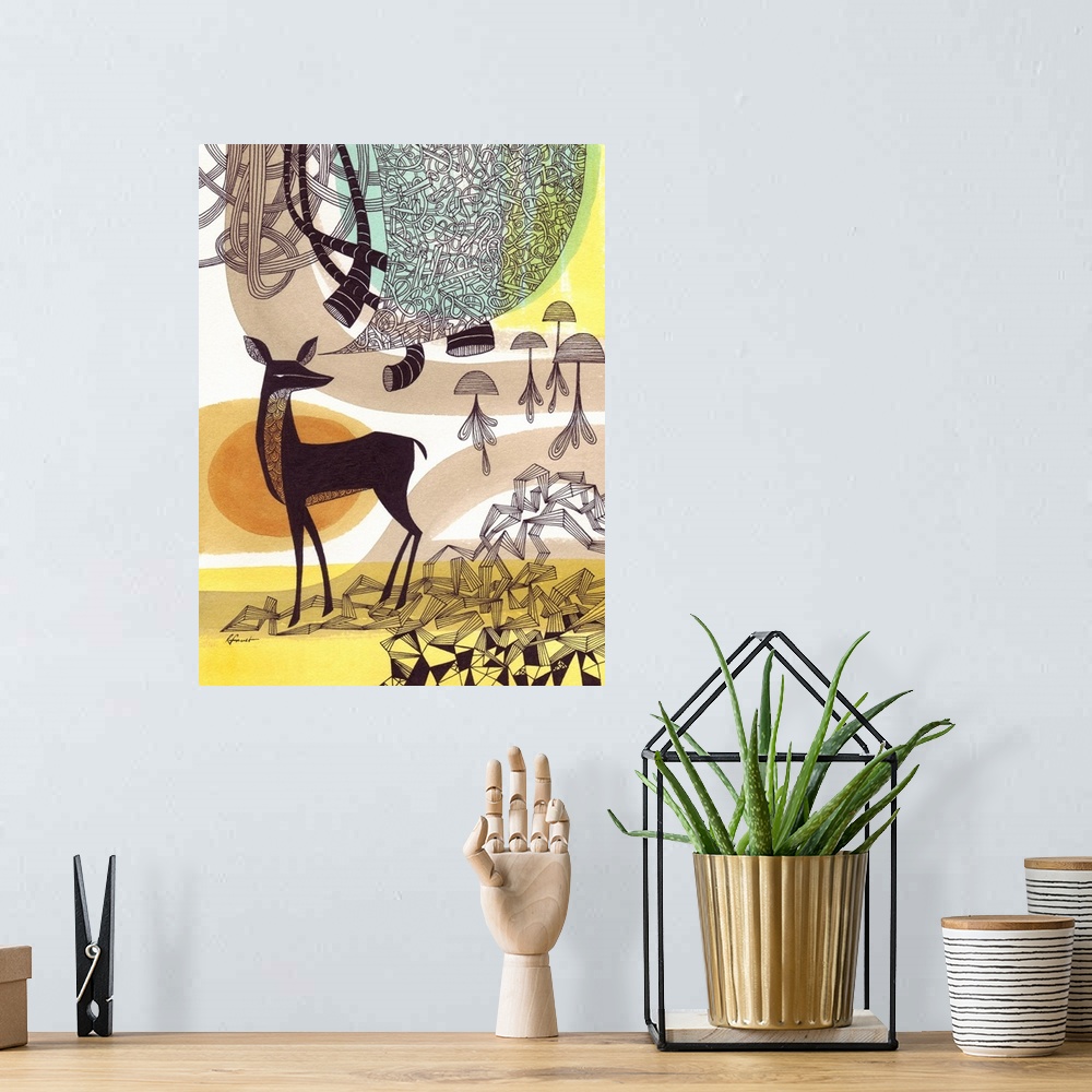 A bohemian room featuring Contemporary illustration with a retro feel of a deer surrounded by intricate designs and patterns.