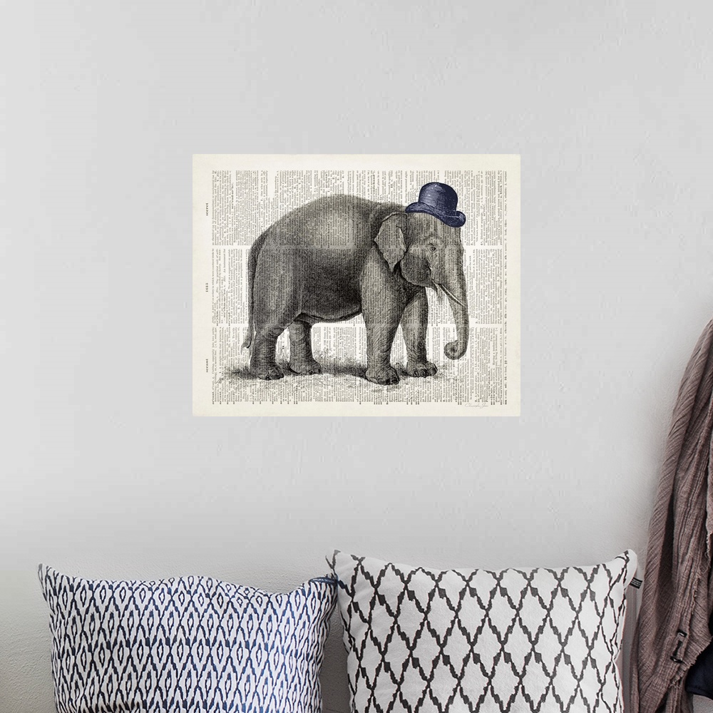 A bohemian room featuring Vintage illustration of an elephant wearing a hat on a dictionary page.