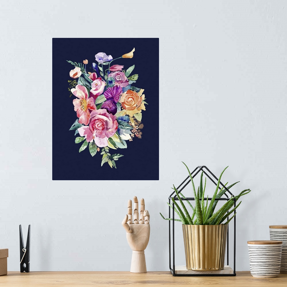 A bohemian room featuring Watercolor painting of a bright bouquet of flowers on dark navy.