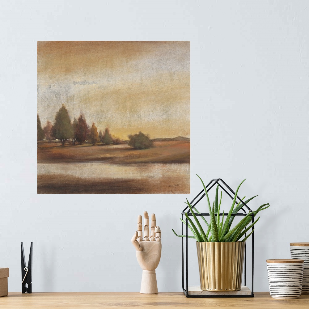 A bohemian room featuring Contemporary painting of a countryside clearing.