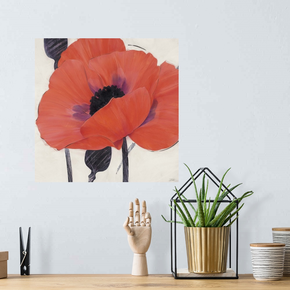 A bohemian room featuring Contemporary home decor painting of a close-up of an orange poppy.