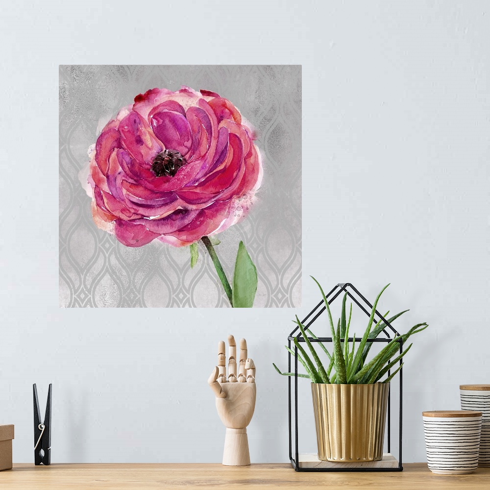 A bohemian room featuring Painting of a pink, red, and purple flower on a gray and silver patterned background.