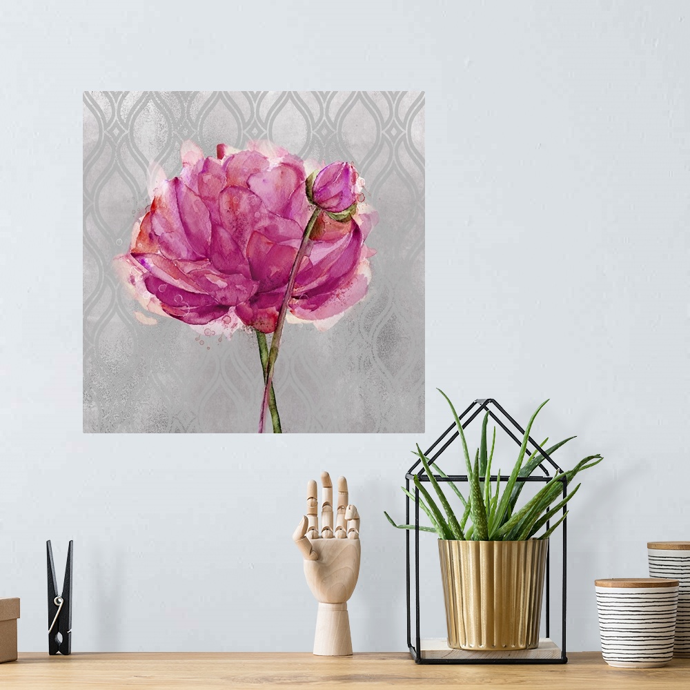 A bohemian room featuring Painting of a pink, purple, and red flower on a gray and silver patterned background.