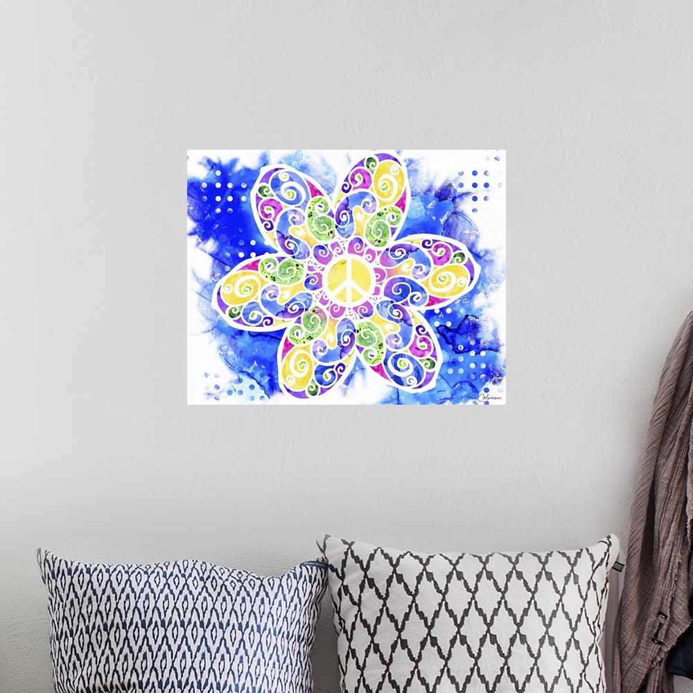 A bohemian room featuring Fun and bright artwork using psychedelic colors.