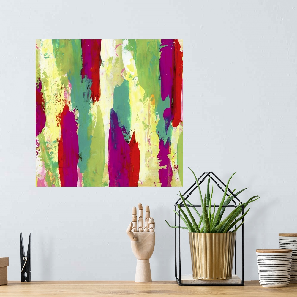 A bohemian room featuring Contemporary abstract painting using streaks of light and dark green with streaks of fuchsia.