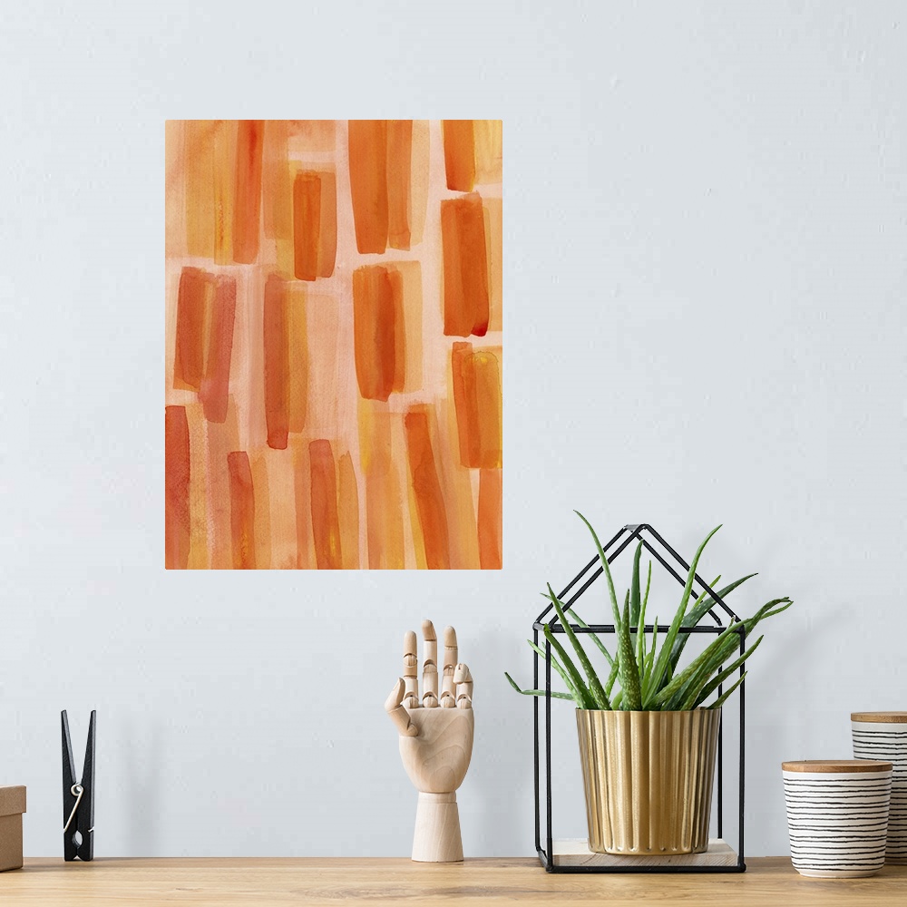 A bohemian room featuring Contemporary abstract painting of vertical orange strokes of paint against a lighter orange backg...