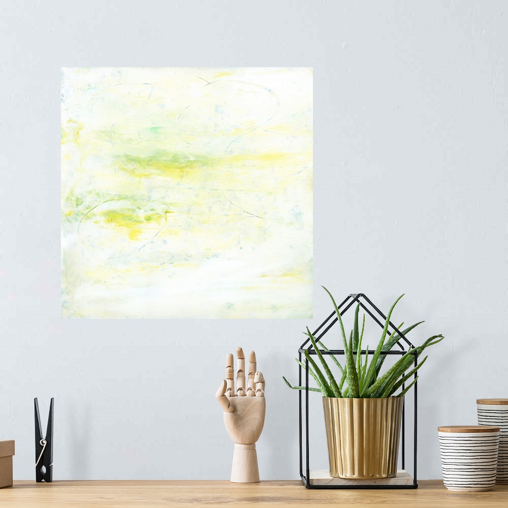 A bohemian room featuring Contemporary abstract painting using pale lime green tones.