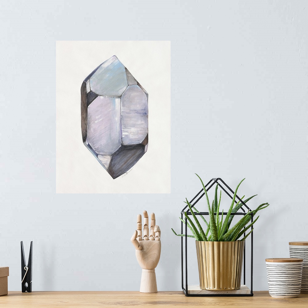 A bohemian room featuring Abstract artwork of a faceted crystal shape in cool grey tones.