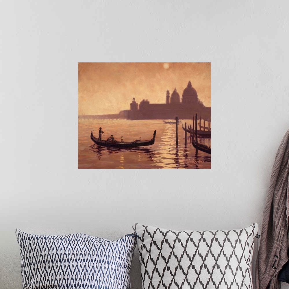 A bohemian room featuring Contemporary painting of a couple in a loving embrace in a gondola riding along a Venetian canal.