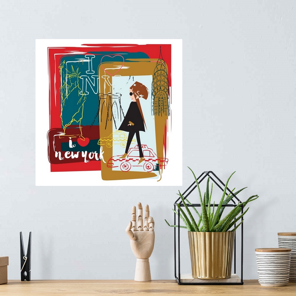 A bohemian room featuring Fun illustration of a fashionable young woman in New York City.
