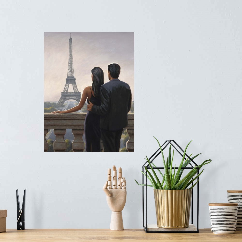 A bohemian room featuring Contemporary painting of a man and woman in fancy dress on a balcony with the Eiffel Tower in the...