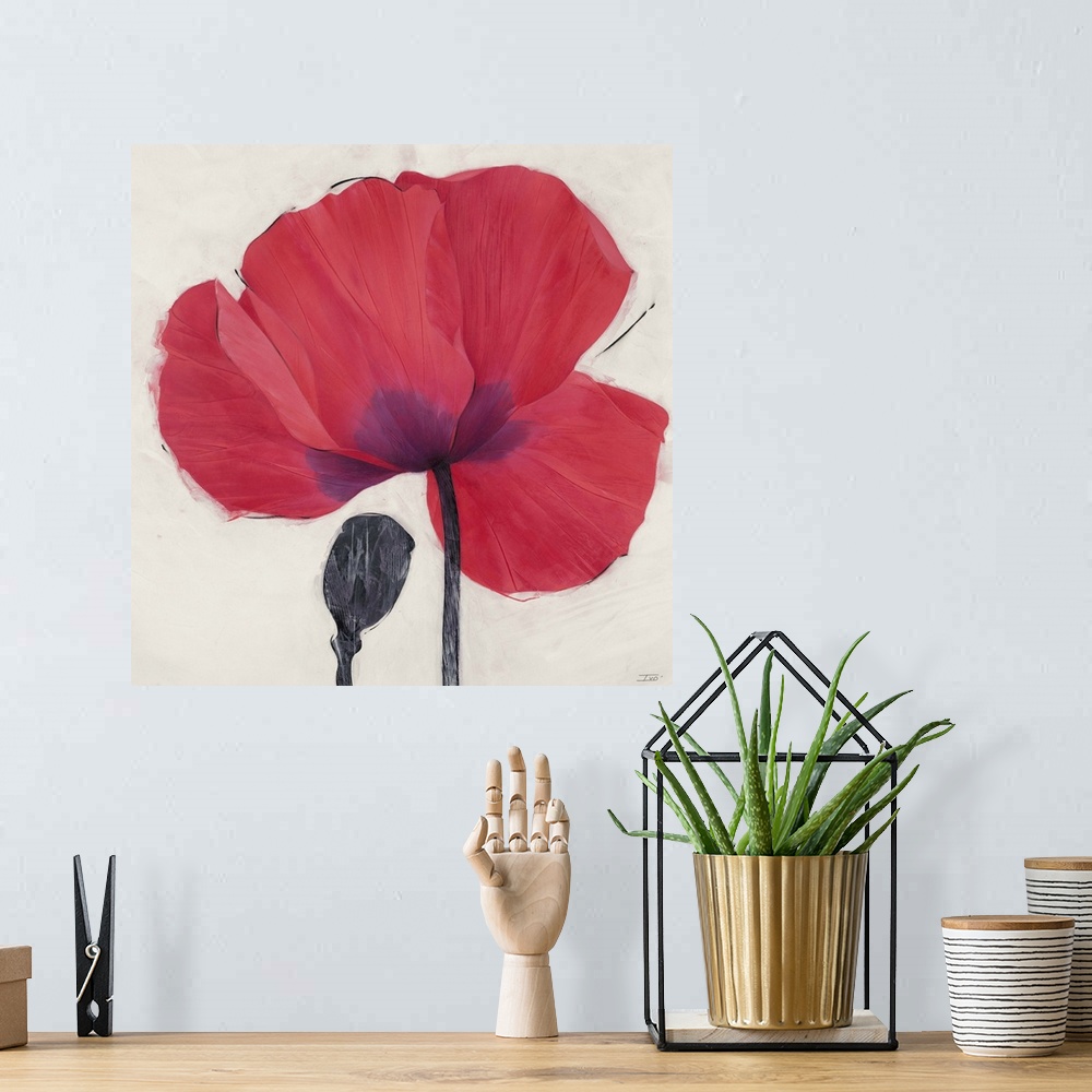 A bohemian room featuring Contemporary home decor painting of a close-up of a red poppy.